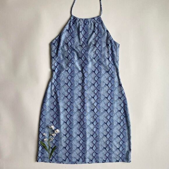 Vintage blue snakeskin print midi halter dress - Picture 2 of 8